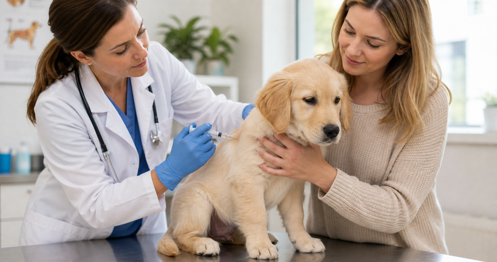 Filhote recebendo vacina em clínica veterinária com tutora ao lado